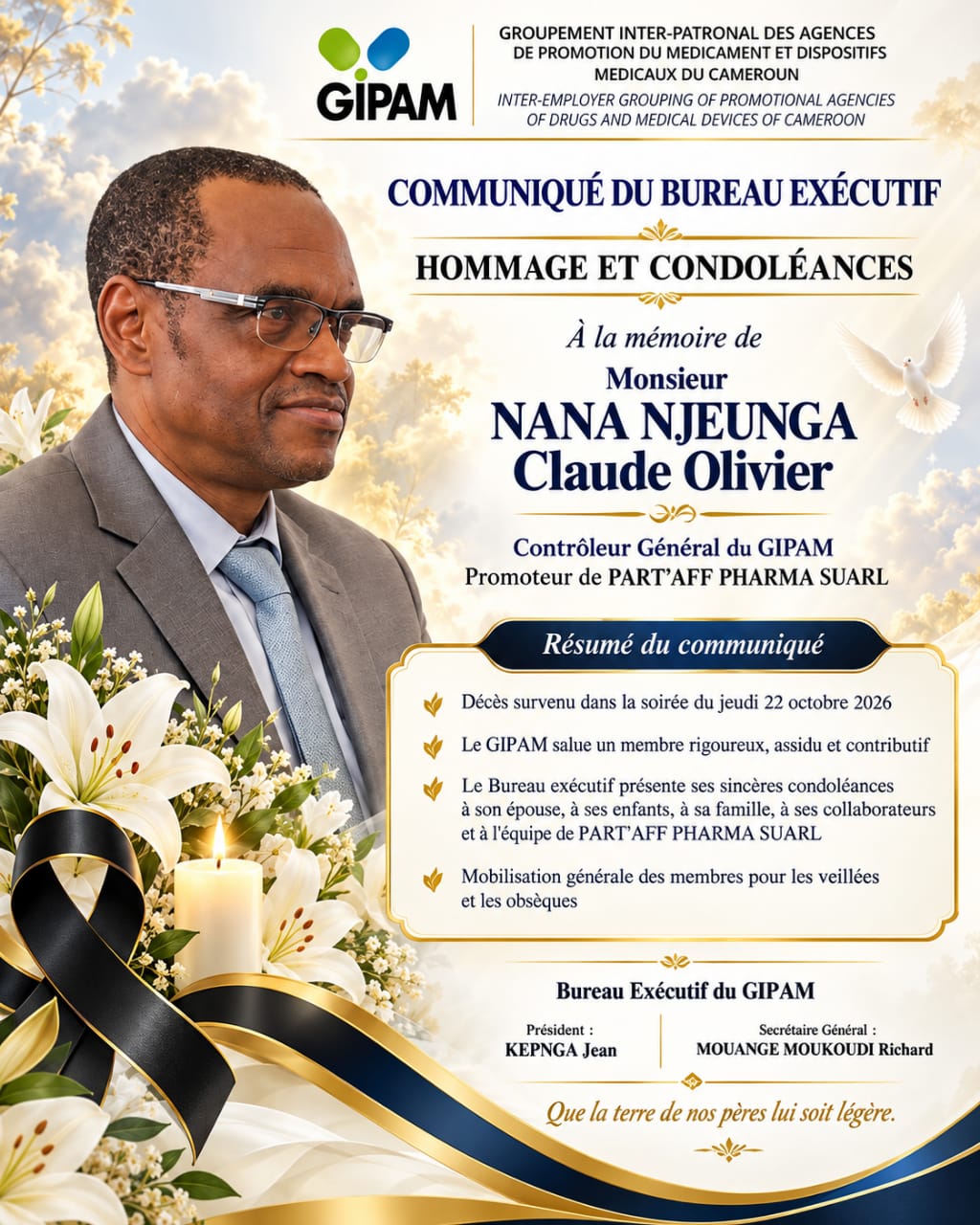 Hommage et Condoléances : Décès de Monsieur NANA NJEUNGA Claude Olivier, Contrôleur Général du GIPAM